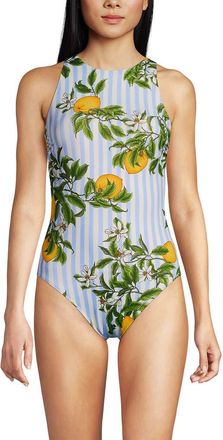 Lands End Tugless High Neck Portrait Back One Piece Swimsuit in Soft Sky Blue/citrus Stripe at Nordstrom, Size 14