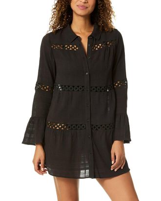 Anne Cole Button Up Bell Sleeve Crochet Trim Cover-Up
