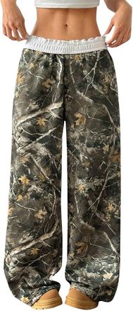 Generic Wide Leg Trousers for Women UK, Camo Pants Y2k Baggy Sweatpants Casual Loose Elastic Waist Straight Trousers with Pockets