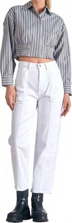 Elan Stripe Button Down Cinch Waste Cropped Top In Grey White