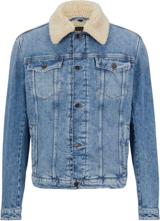 HUGO BOSS Mens Livorno Solid Patterned Denim Jacket with Chest Pocket in Bright Blue - Size Medium