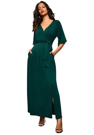 Roaman's Plus Size Flutter Sleeve Wrap Maxi Dress in Emerald Green at Nordstrom, Size 24