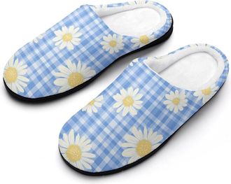 Generic Daisy Flower Blue Checked Pattern Cotton Slippers for Women Indoor Outdoor Slipper Slip-On Memory Foam Home Shoes