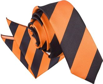 DQT Stripe Patterned Casual Business Party Skinny Neck Tie & Pocket Square Handkerchief Set for Men in Orange and Black
