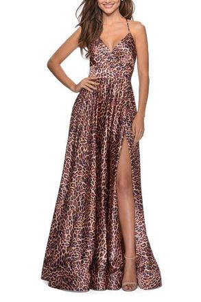 La Femme Leopard Print A-line Prom Gown with Tie Up Back at Nordstrom, Size 0