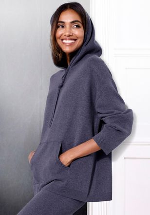 Elbsand Hoodie ELBSAND, Damen, Gr. 32/34, blau (blau meliert), Feinstrick, Obermaterial: 50% Viskose (LENZING), 28% Polyester, 22% Polyamid, meliert, unifarbe