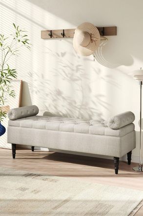 H&O Direct Flip-Up Storage Ottoman with Side Arms in Beige