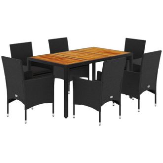 vidaXL Set De Comedor Jard&iacute;n 7 Pzas Con Cojines Rat&aacute;n Pe Acacia Negro Vidaxl