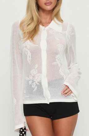 Princess Polly Marcita Floral Open Stitch Shirt in White at Nordstrom, Size 0