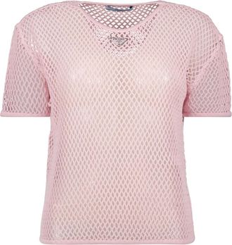 Prada Katoenen Mesh Top Lente-Zomer Collectie - Dames - T-shirts - Roze - S - Katoen - Tops