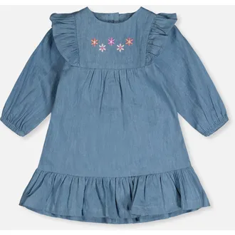 Deux par Deux Chambray Breathable Long Sleeve Dress in Light Blue Denim at Nordstrom, Size 18M