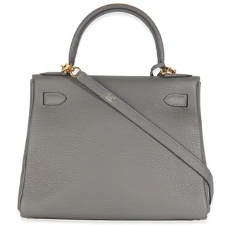 Herm&egrave;s Mens Etain Clemence Retourne Kelly 28 Ghw Gray Leather Handbag Bag