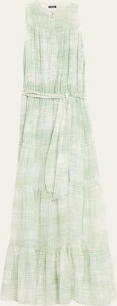 Kiton Check Silk Tie-Waist Tiered Maxi Dress