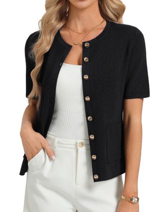Grace Karin Womens Short Sleeves Solid Knit Cardigan Round Neck Button Tops with Pockets Black S
