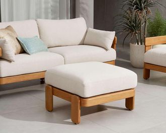Castlery Eden Outdoor Ottoman with Ivory Cover, Removable Covers, Water Repellent by Castlery, Multi Color, Solid Mahogany Wood