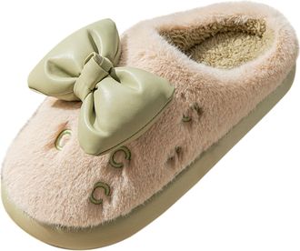 Generic Womens Spring And Winter Bow Home Slippers Thick Sole Lightweight Warm Non Home Cotton Slippers House Slippers with Rubber Soles for Women (Khaki, 6)
