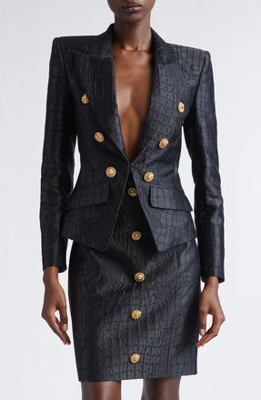 Balmain 6-Button Croco Jacquard Satin Jacket in 0Pa Black at Nordstrom, Size 6 Us