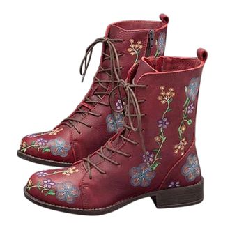 Generic Winter Boots for Women Uk Walking Boots Women Mid Calf Ankle Boot Floral Embroidered Combat Boot Lace up Combat Shoes for Womens Boho Flower Leather C
