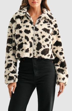 All in Favor Animal Print High Pile Fleece Jacket in Cream Chocolate at Nordstrom Rack, Size Medium