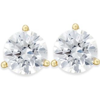 Pompeii3 2 Ct TW Moissanite Martini 3-Prong Studs Available in White or Yellow Gold