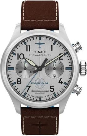 Timex x Pan Am Waterbury Ace Chronograph Leather Strap Watch, 41mm in Silver-Tone at Nordstrom