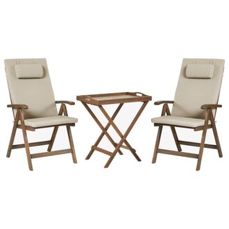 Beliani Conjunto De Balc&oacute;n R&uacute;stico De Acacia Maciza Natural Mesa Y 2 Sillas Plegables Con Cojines Gris Pardo Amantea Premium