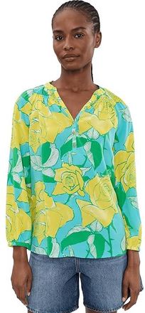 Lilly Pulitzer Elsa Top Womens Blouse Blue Curacao Rose Bud : LG (Womens 12-14), Silk