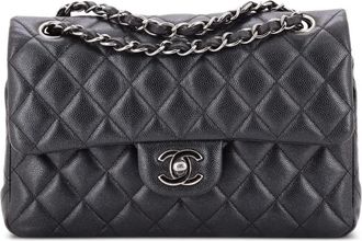 Chanel Borsa a spalla Classic Double Flap piccola in pelle Caviar iridescente trapuntata - Nero