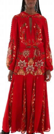 Farm Rio Berry Garden Long Sleeve Pleated Maxi Dress In Red