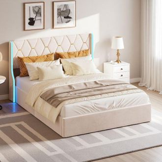 OEM Cama Hidr&aacute;ulica 160x200 Cm - Cama Cofre Adulto Doble 2 Personas Con Led Rgb Y Cabecera De Terciopelo Beige - Tela De Lino Dise&ntilde;o Lujo