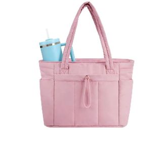 Generic Quilted Tote Bag with Cup Holder & Laptop Compartment, Large Capacity Cute Puffer Crossbody Travel Work Bags for Women (2, Pink)
