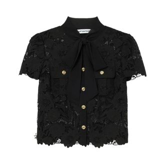 Self Portrait Shirts, female, Black, Size: S Tie Neck Lace Top