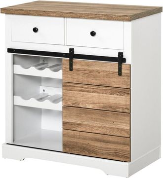 HOMCOM Homcom - aparador de cocina con puerta corredera de granero botellero para 6 botellas y 2 cajones estilo rústico 80x39x86 cm blanco y natural
