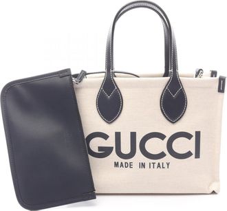 Gucci Ivory Navy Canvas Leather Pouch Tote Bag (Pre-Owned)