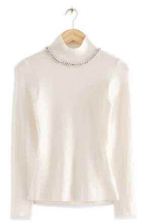 & Other Stories Crystal Embellished Neck Wool Blend Sweater in White at Nordstrom Rack, Size Medium