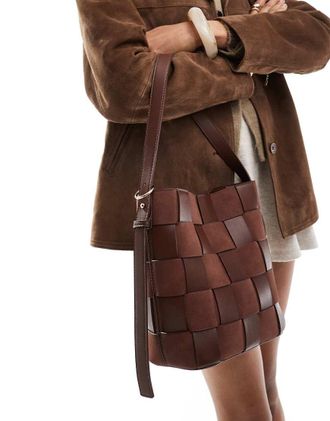 Asos faux suede and faux leather weave bucket tote bag in chocolate-Brown