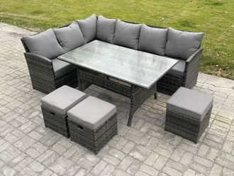 Fimous Outdoor Rattan Garden Furniture Corner Sofa Set with Rectangular Dining Table 3 Small Footstools Patio Wicker Rattan Set in Dark Grey