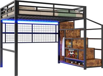 STILVORA Cama Alta 140 X 200 Cm Con Armario, Escalera De Almacenamiento Y Led 7 Colores, Sin Colch&oacute;n, De Metal, Negro