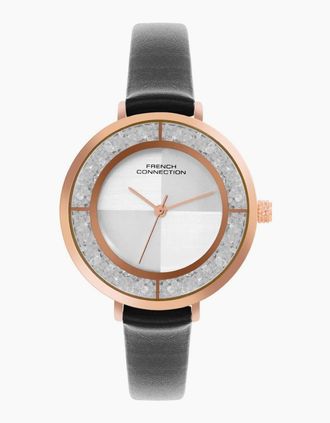 French Connection Womens Connection Rose Case Round Shape Black Strap Quartz Watch - Silver - Size: ONE size
