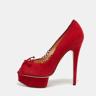 Charlotte Olympia Red Suede Daphne Scalloped Trim Peep Toe Platform Pumps