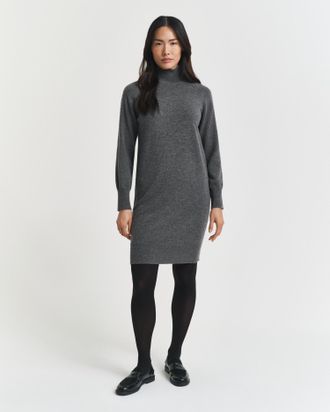 GANT Strickkleid GANT SUPERFINE LAMBSWOOL KNIT, Damen, Gr. XXL, N-Gr, charcoal melange, Strick, Obermaterial: 100% Wolle, ca. Mitte Knie, Rippb&uuml;ndchen, Kle