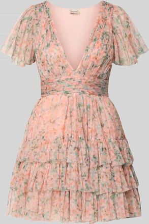 Lace & Beads Cocktailkleid im Stufen-Look mit Taillenband in Apricot, Gr&ouml;&szlig;e XXL