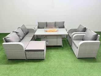 Fimous PE Rattan High Back Lounge Sofa Set Patio Firepit Dining Table & Chairs Set w/ 3 Seater Sofa Reclining Chair Big Footstool Side Table Light