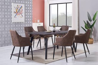 Life Interiors Juego De Comedor Cosmo Lux Zarah: Mesa De Comedor De Madera Negra Y Juego De 6 Sillas De Comedor De Cuero Marr&oacute;n - Comedor Cocina