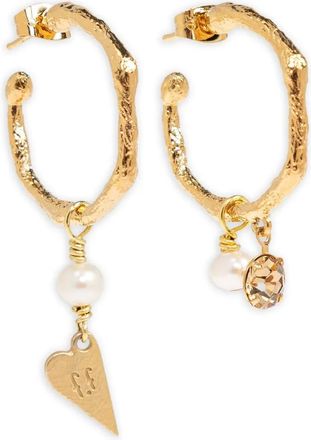 Forte_Forte heart-charm hoop earrings - women - Faux Pearl/Brass/glass - One Size - Gold