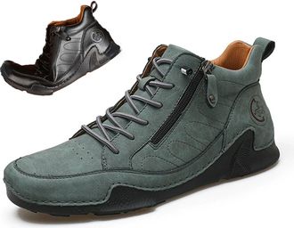 Generic Mens Handmade Premium Leather Slip-On Boots, Arch Support Non-Slip Sole Mid Top Loafers, Side Zipper Casual Shoes for Hiking Driving Walking (Green,10