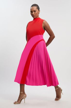 Karen Millen Womens Plus Size Soft Tailored Colour Block High Neck Pleated Midi Dress - Pink - Size 24 UK