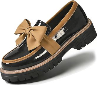 Generic Womens Patent Bowknot Thick Sole Loafers, Elegant Bowknot Slip-On Chunky Heel Shoes, for Business Casual Office Work & Everyday Wear (Khaki,7.5)