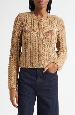 Cinq &agrave; Sept M&eacute;lange Bead Fringe Accent Cable Crewneck Sweater in Oatmeal Multi at Nordstrom Rack, Size X-Large