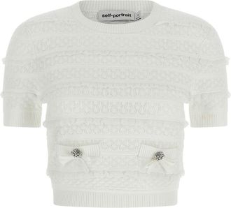 Self Portrait Pointelle Gebreide Top - Dames - Ronde hals truien - Wit - S - Polyester - Truien & Vesten